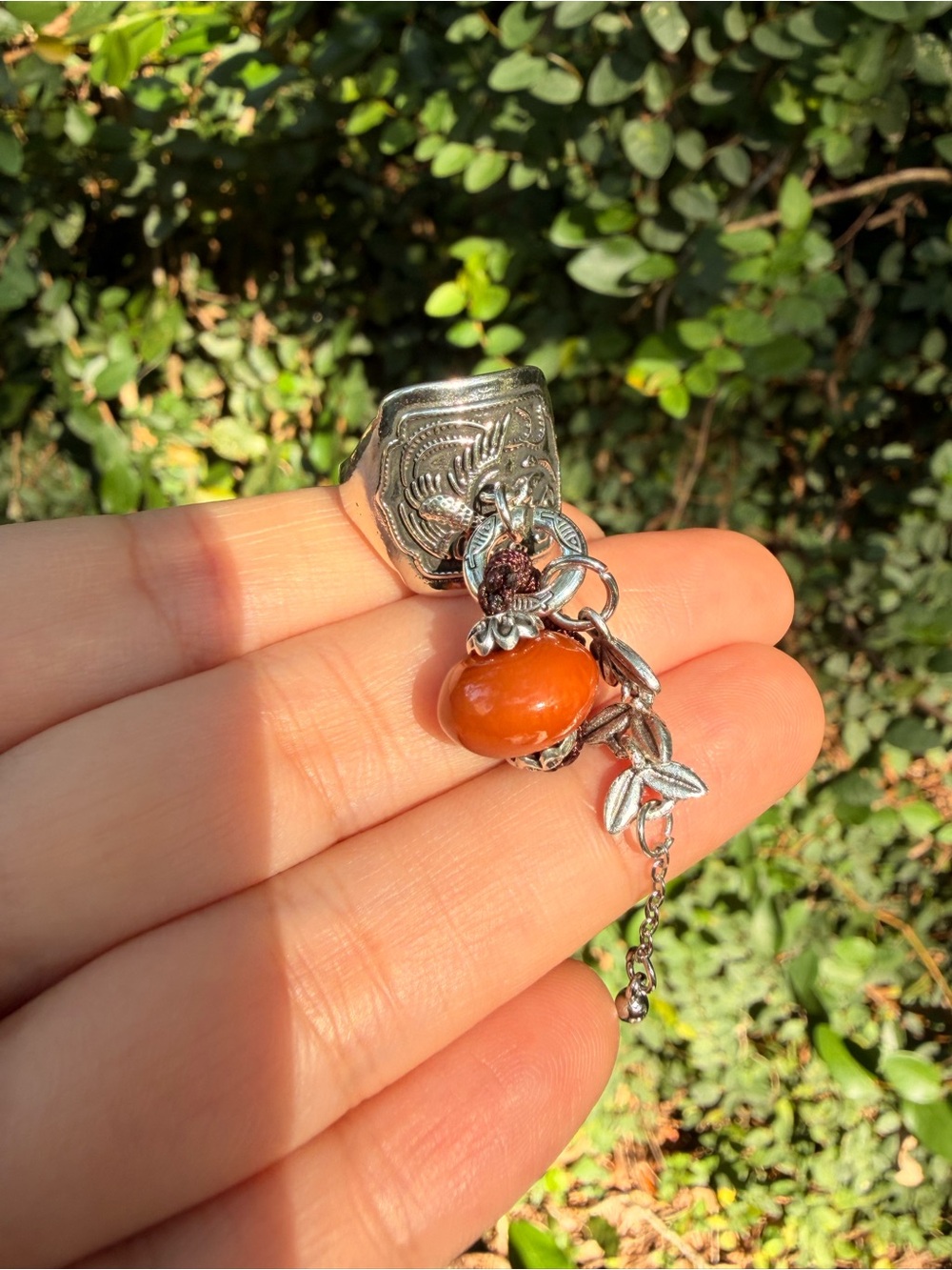 Silver Lion Signet Ring with Brown Bead Charm - Picture 6 of 7